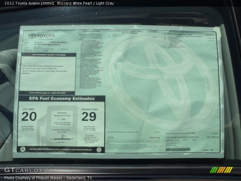 Blizzard White Pearl / Light Gray 2011 Toyota Avalon Limited