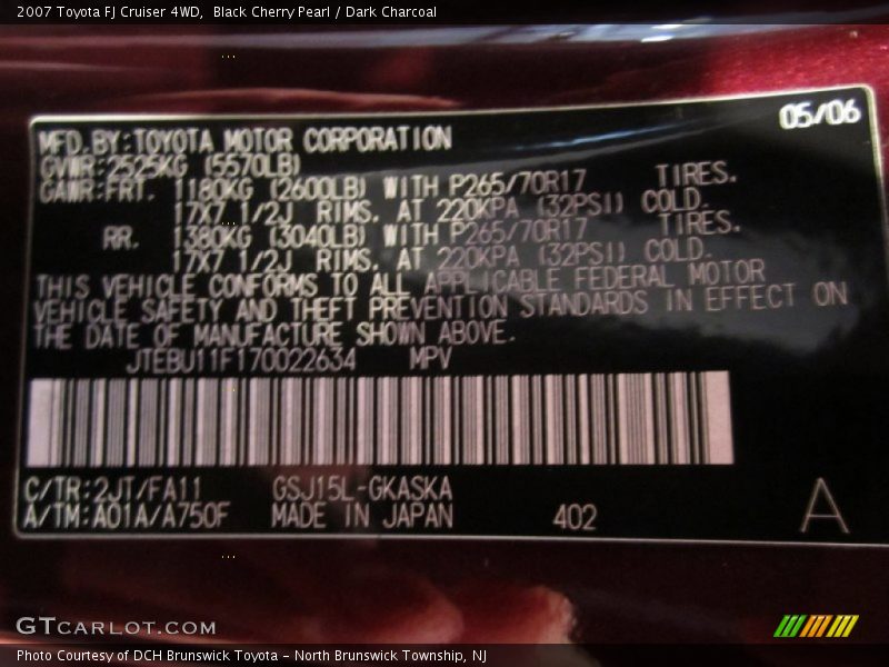 Black Cherry Pearl / Dark Charcoal 2007 Toyota FJ Cruiser 4WD