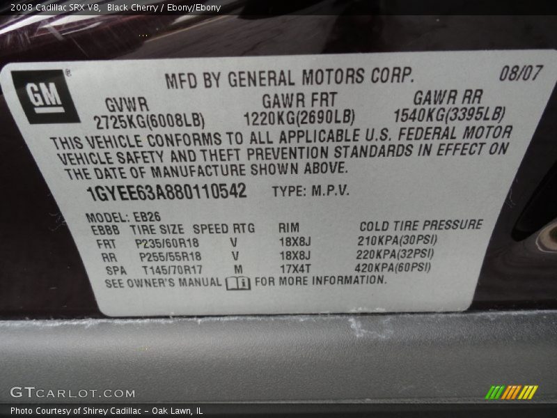 Info Tag of 2008 SRX V8