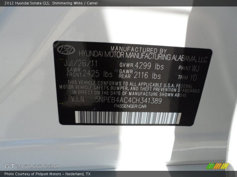 Shimmering White / Camel 2012 Hyundai Sonata GLS