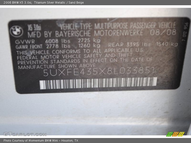 Titanium Silver Metallic / Sand Beige 2008 BMW X5 3.0si