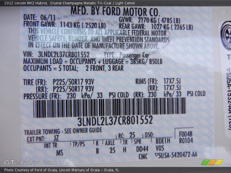 2012 MKZ Hybrid Crystal Champagne Metallic Tri-Coat Color Code JZ