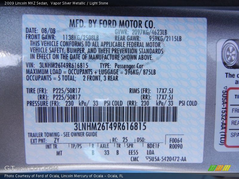Vapor Silver Metallic / Light Stone 2009 Lincoln MKZ Sedan