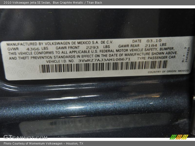 Blue Graphite Metallic / Titan Black 2010 Volkswagen Jetta SE Sedan