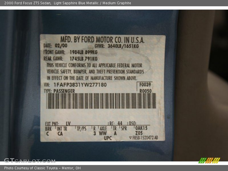2000 Focus ZTS Sedan Light Sapphire Blue Metallic Color Code LV