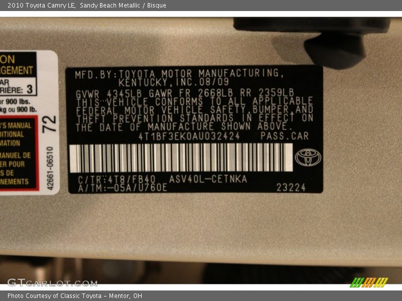 Sandy Beach Metallic / Bisque 2010 Toyota Camry LE