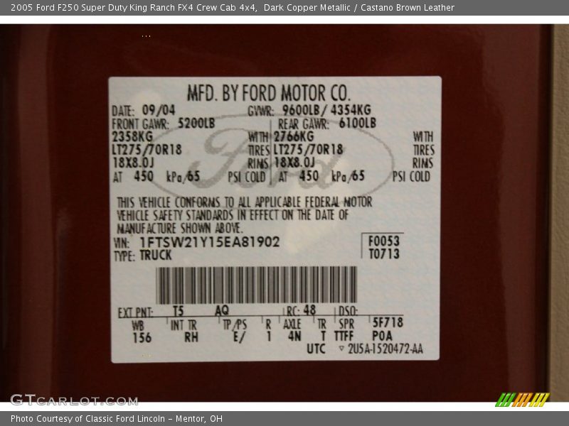 2005 F250 Super Duty King Ranch FX4 Crew Cab 4x4 Dark Copper Metallic Color Code T5