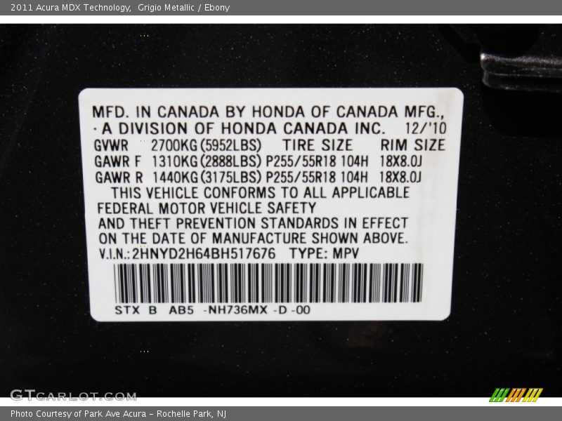 2011 MDX Technology Grigio Metallic Color Code NH736MX