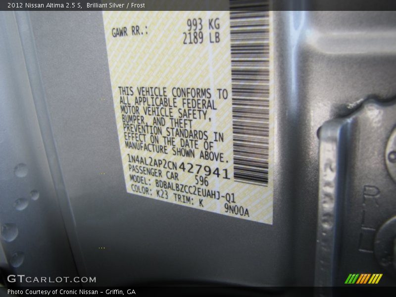 Brilliant Silver / Frost 2012 Nissan Altima 2.5 S