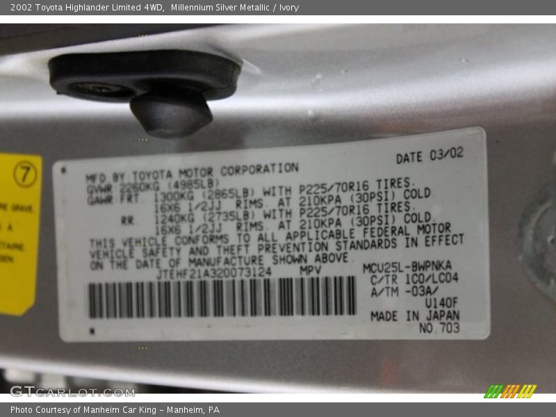 Millennium Silver Metallic / Ivory 2002 Toyota Highlander Limited 4WD