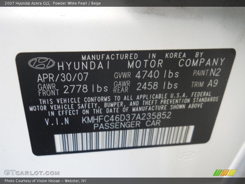 Powder White Pearl / Beige 2007 Hyundai Azera GLS