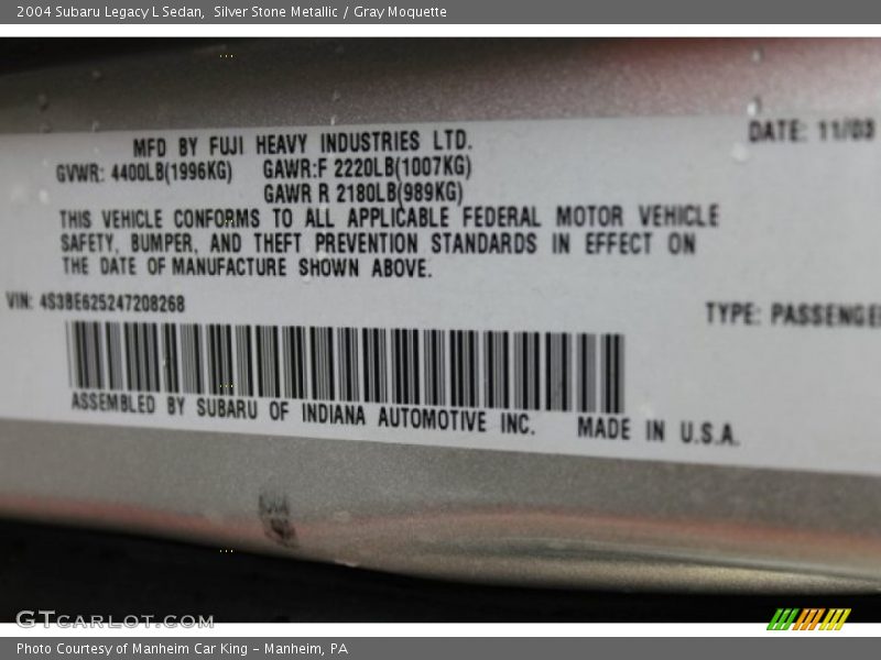 Silver Stone Metallic / Gray Moquette 2004 Subaru Legacy L Sedan