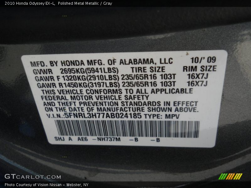 Polished Metal Metallic / Gray 2010 Honda Odyssey EX-L