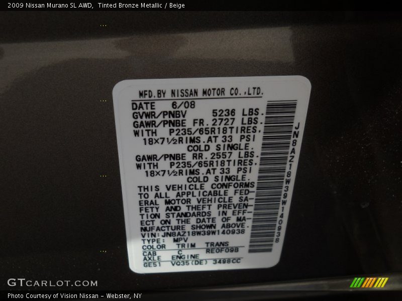 Tinted Bronze Metallic / Beige 2009 Nissan Murano SL AWD