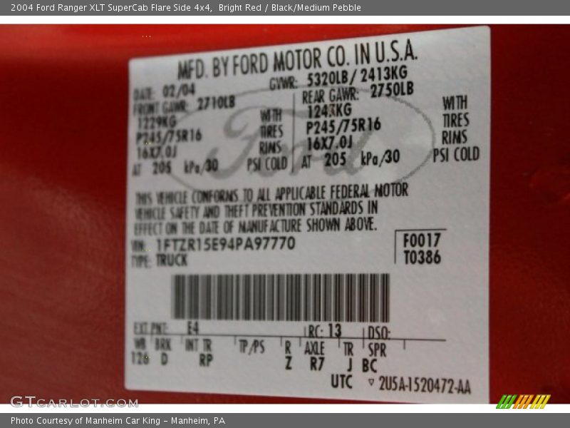 Bright Red / Black/Medium Pebble 2004 Ford Ranger XLT SuperCab Flare Side 4x4