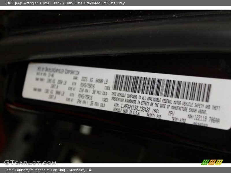 Black / Dark Slate Gray/Medium Slate Gray 2007 Jeep Wrangler X 4x4