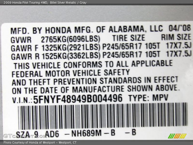 Billet Silver Metallic / Gray 2009 Honda Pilot Touring 4WD