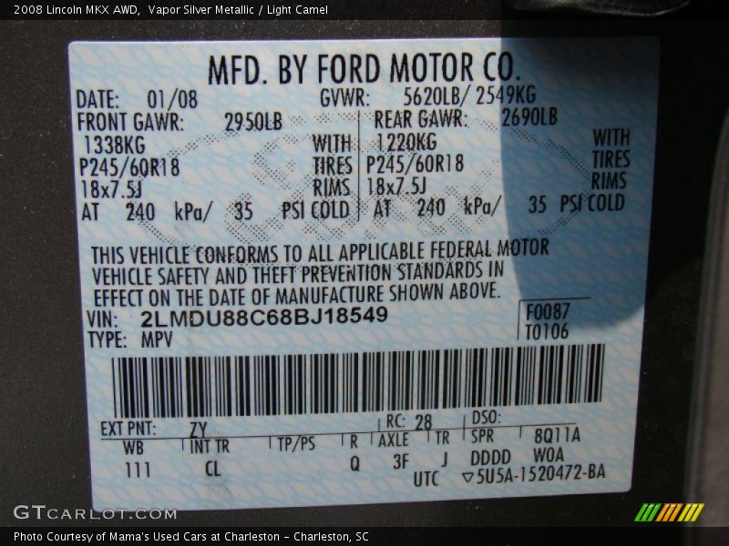Vapor Silver Metallic / Light Camel 2008 Lincoln MKX AWD