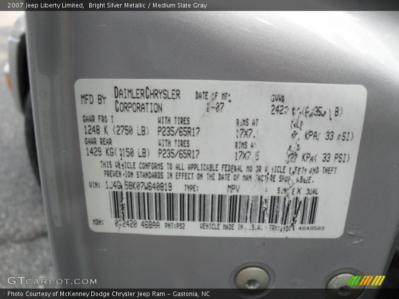 Bright Silver Metallic / Medium Slate Gray 2007 Jeep Liberty Limited