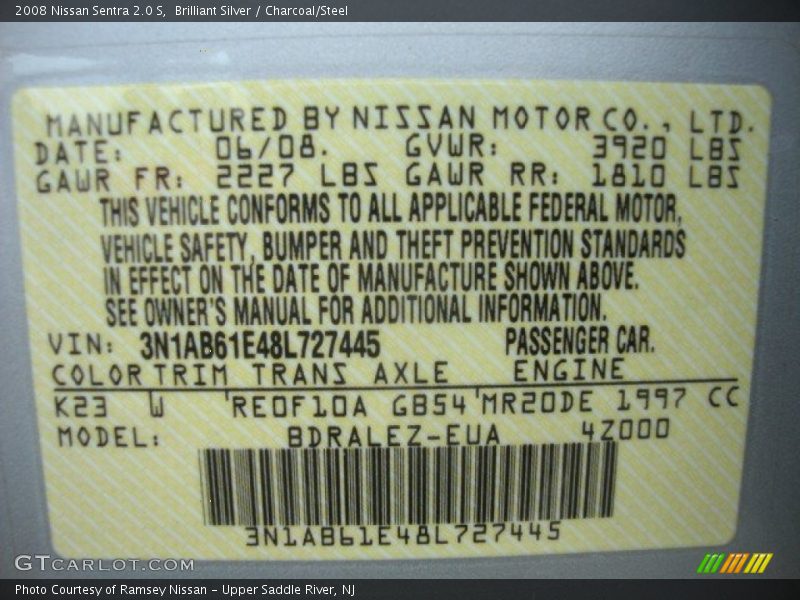 Brilliant Silver / Charcoal/Steel 2008 Nissan Sentra 2.0 S