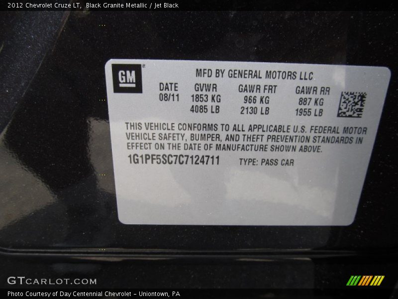 Black Granite Metallic / Jet Black 2012 Chevrolet Cruze LT