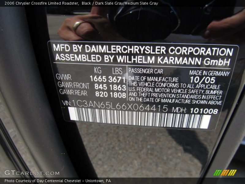 Info Tag of 2006 Crossfire Limited Roadster