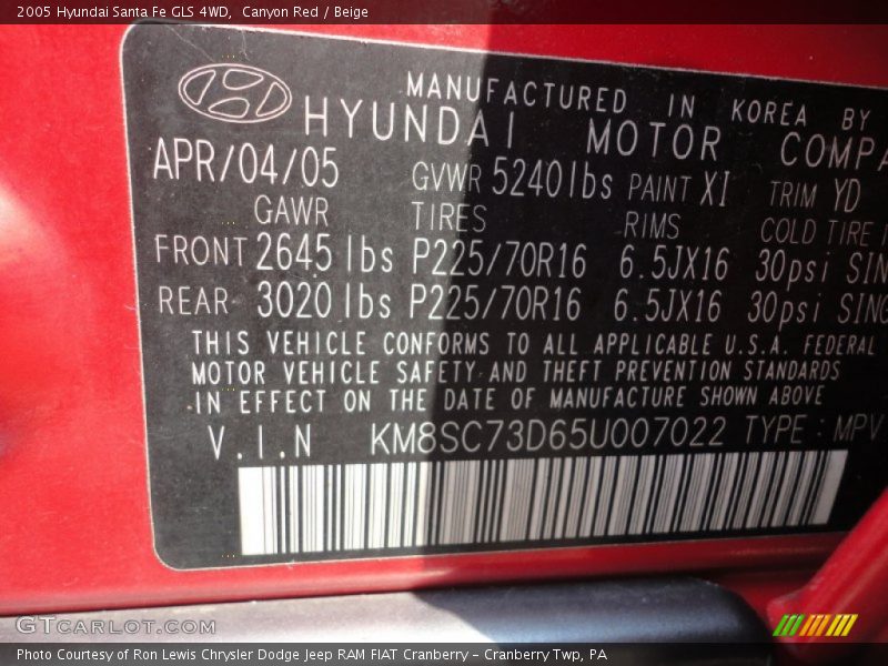 Canyon Red / Beige 2005 Hyundai Santa Fe GLS 4WD