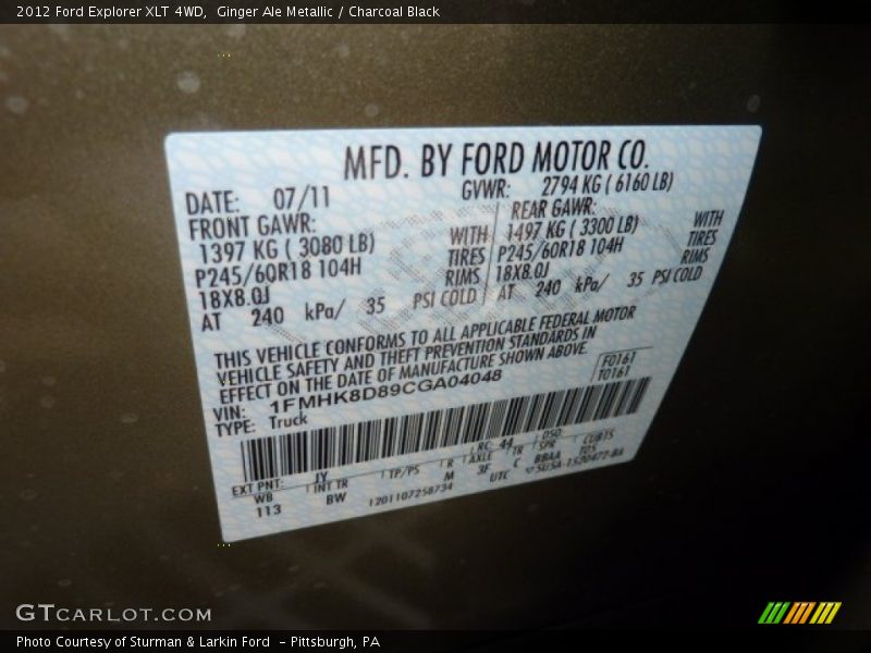 2012 Explorer XLT 4WD Ginger Ale Metallic Color Code JY