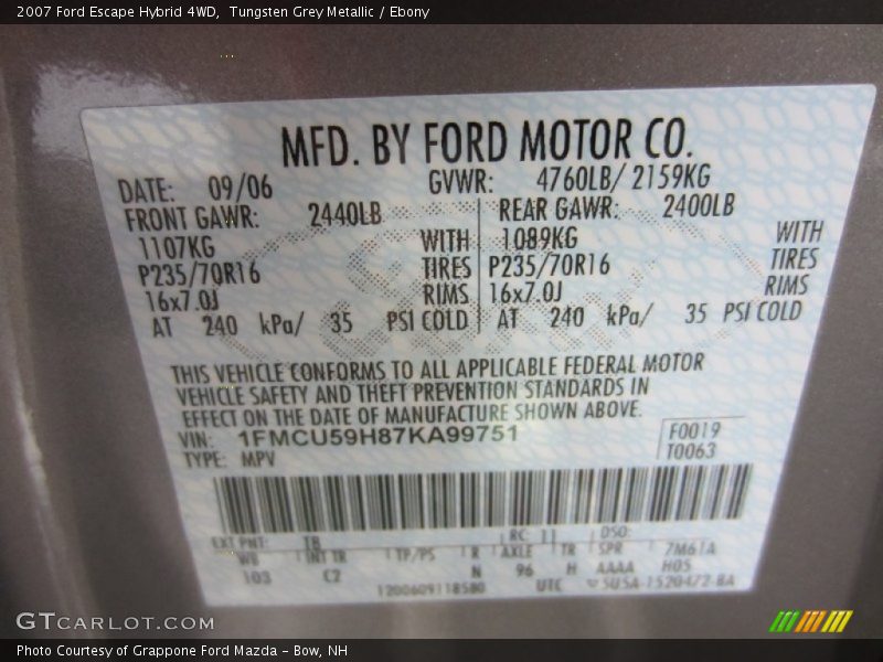 2007 Escape Hybrid 4WD Tungsten Grey Metallic Color Code T8