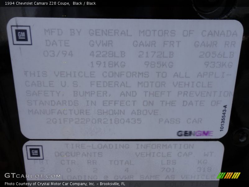 Info Tag of 1994 Camaro Z28 Coupe