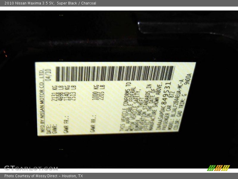 Super Black / Charcoal 2010 Nissan Maxima 3.5 SV