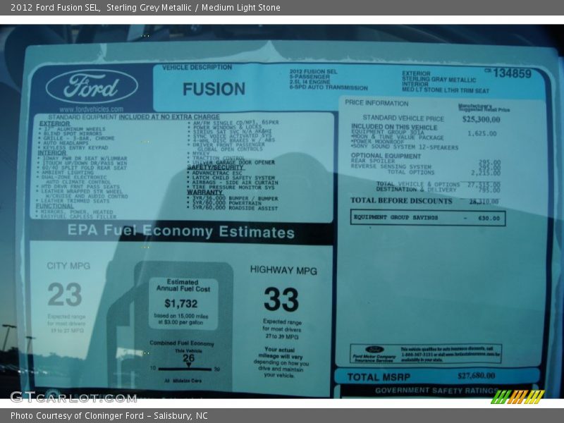  2012 Fusion SEL Window Sticker