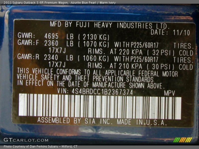 Info Tag of 2011 Outback 3.6R Premium Wagon