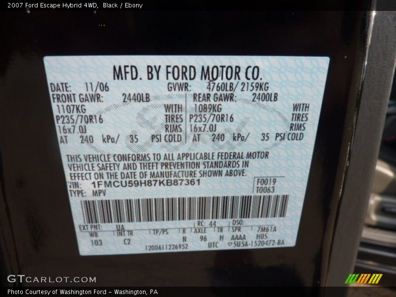 2007 Escape Hybrid 4WD Black Color Code UA