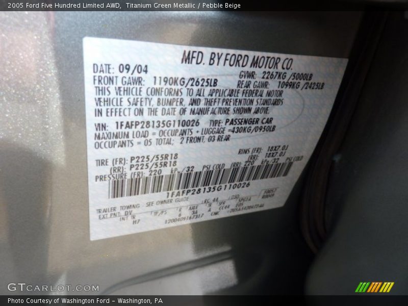 2005 Five Hundred Limited AWD Titanium Green Metallic Color Code DV