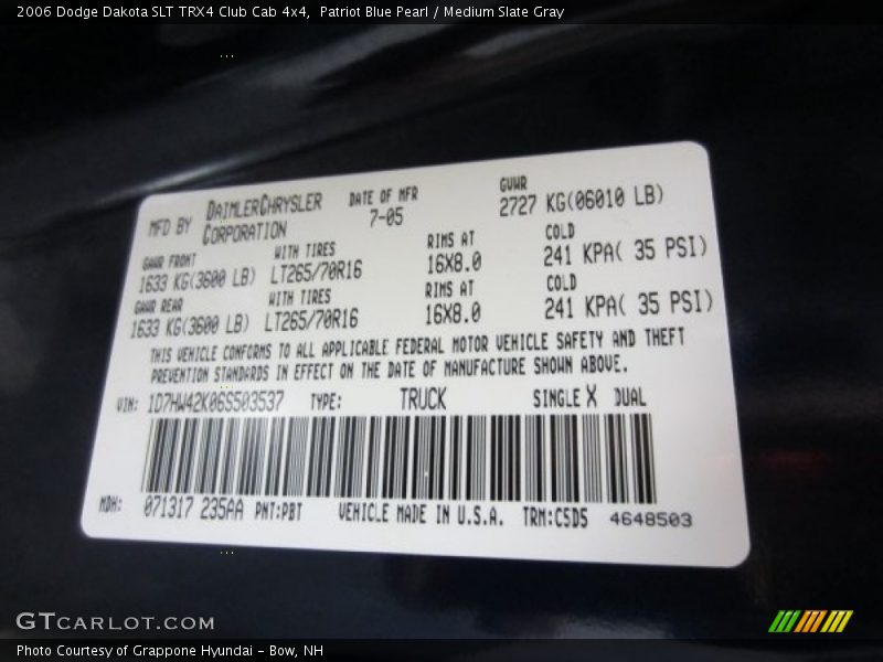 2006 Dakota SLT TRX4 Club Cab 4x4 Patriot Blue Pearl Color Code PBT