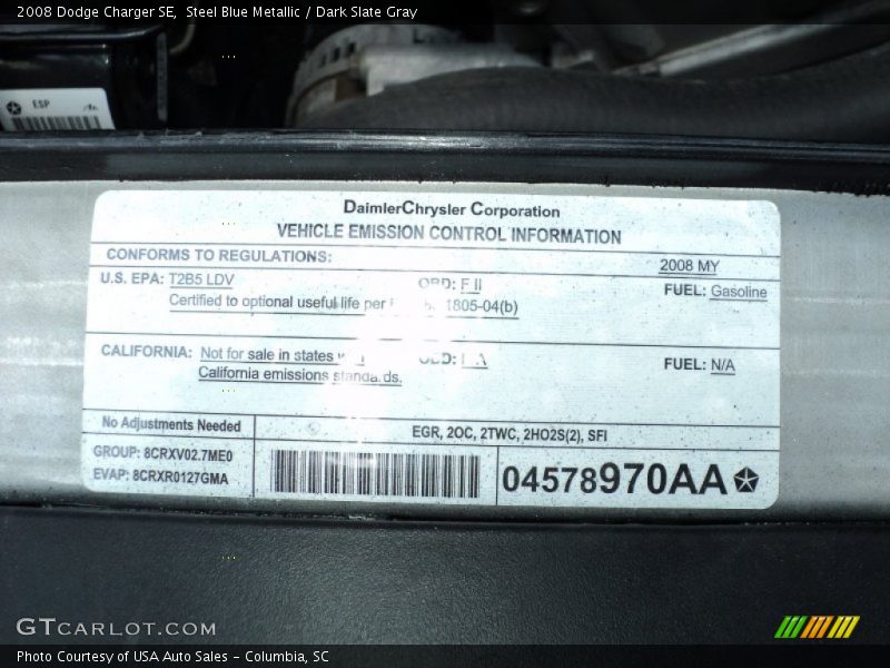 Steel Blue Metallic / Dark Slate Gray 2008 Dodge Charger SE