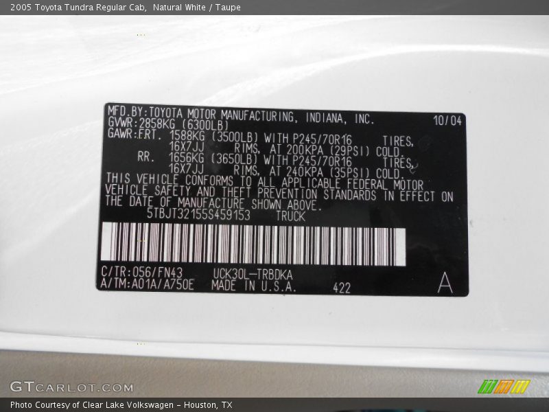 Natural White / Taupe 2005 Toyota Tundra Regular Cab