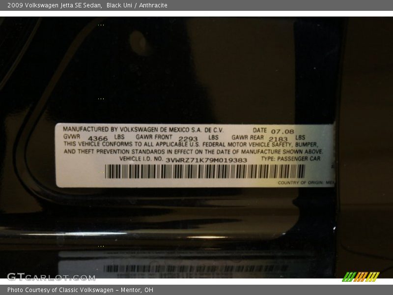 Black Uni / Anthracite 2009 Volkswagen Jetta SE Sedan