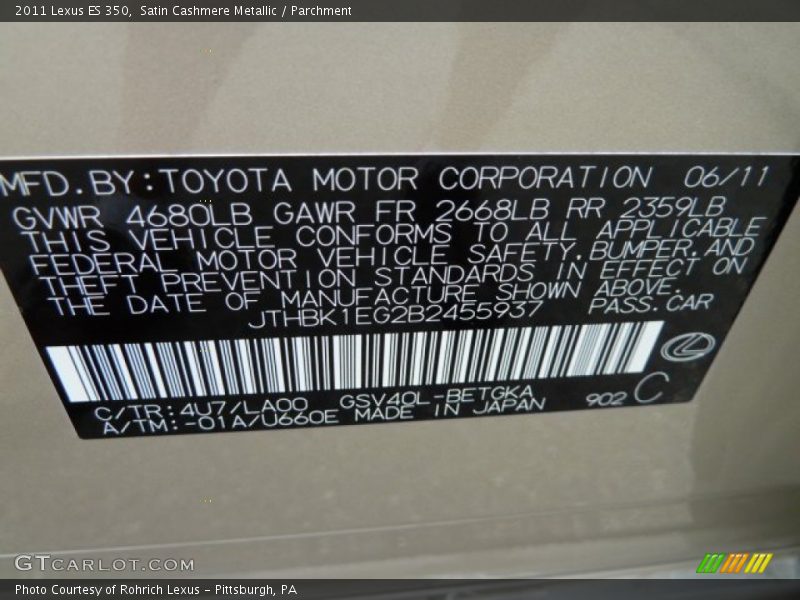 Satin Cashmere Metallic / Parchment 2011 Lexus ES 350