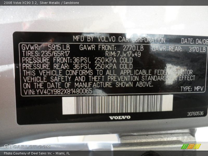 Silver Metallic / Sandstone 2008 Volvo XC90 3.2