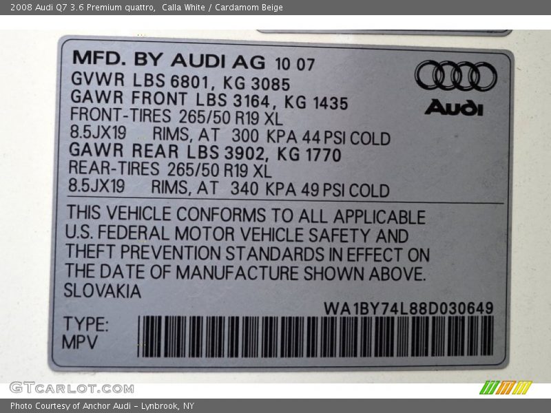 Calla White / Cardamom Beige 2008 Audi Q7 3.6 Premium quattro