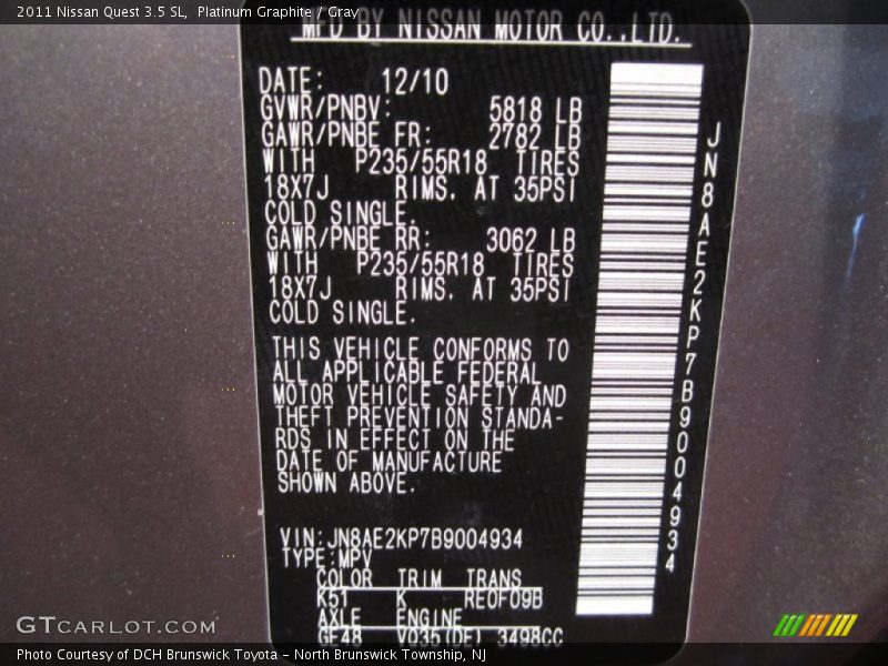2011 Quest 3.5 SL Platinum Graphite Color Code K51