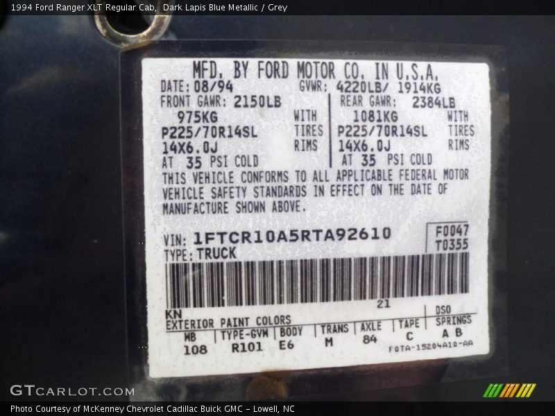 1994 Ranger XLT Regular Cab Dark Lapis Blue Metallic Color Code KN