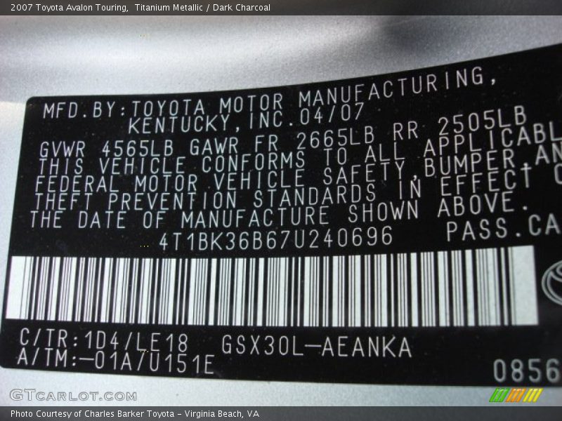 Titanium Metallic / Dark Charcoal 2007 Toyota Avalon Touring