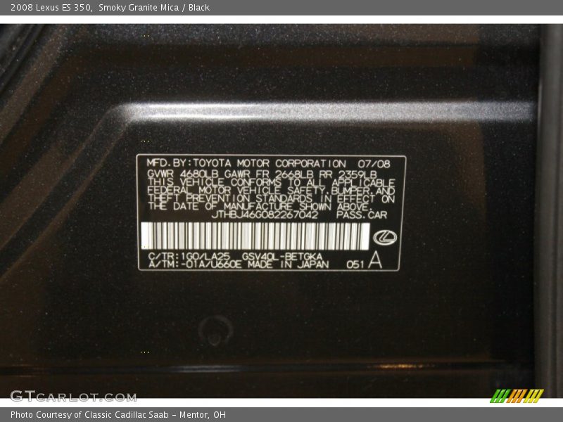 Smoky Granite Mica / Black 2008 Lexus ES 350