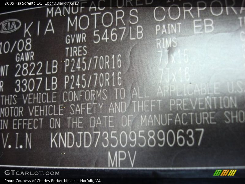 Ebony Black / Gray 2009 Kia Sorento LX