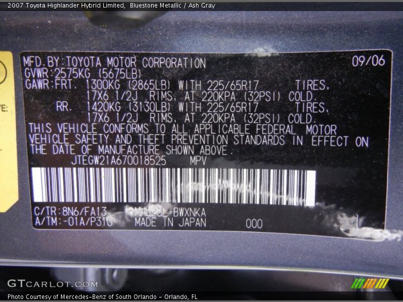 2007 Highlander Hybrid Limited Bluestone Metallic Color Code 8N6