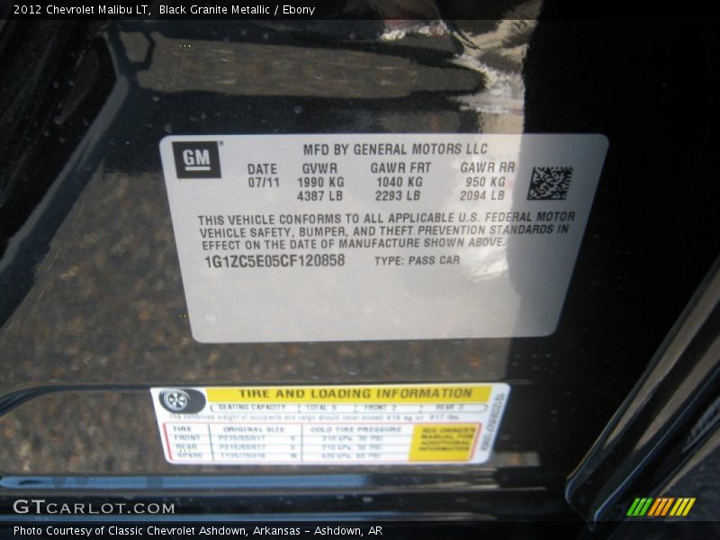 Info Tag of 2012 Malibu LT