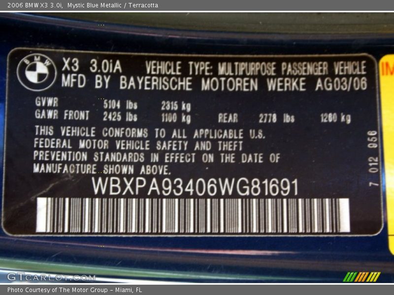Mystic Blue Metallic / Terracotta 2006 BMW X3 3.0i